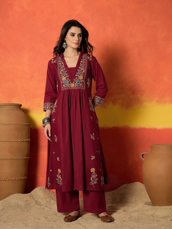 Stylum Women's Maroon Solid & Embroidered Cotton Flex A-Line Kurta Palazzo Set (KPMAROONSOHIM)