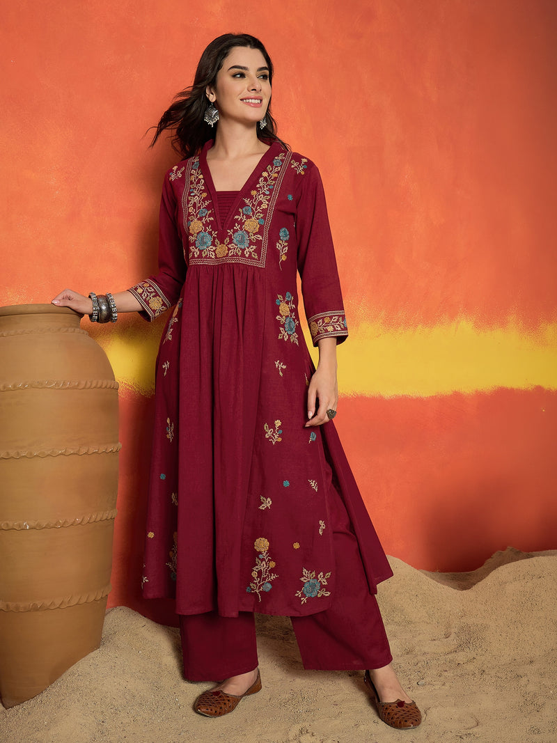 Stylum Women's Maroon Solid & Embroidered Cotton Flex A-Line Kurta Palazzo Set (KPMAROONSOHIM)