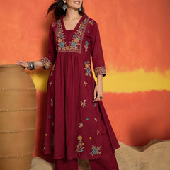 Stylum Women's Maroon Solid & Embroidered Cotton Flex A-Line Kurta Palazzo Set (KPMAROONSOHIM)