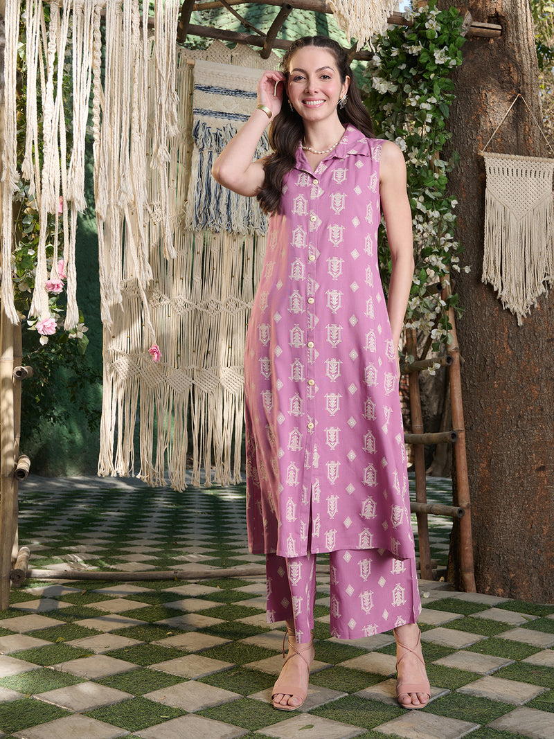 Stylum Women's Mauve Printed Rayon Kurta Pant Set (KPMAUVEHUT)