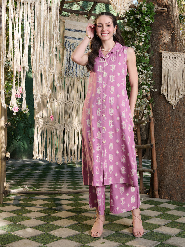 Stylum Women's Mauve Printed Rayon Kurta Pant Set (KPMAUVEHUT)