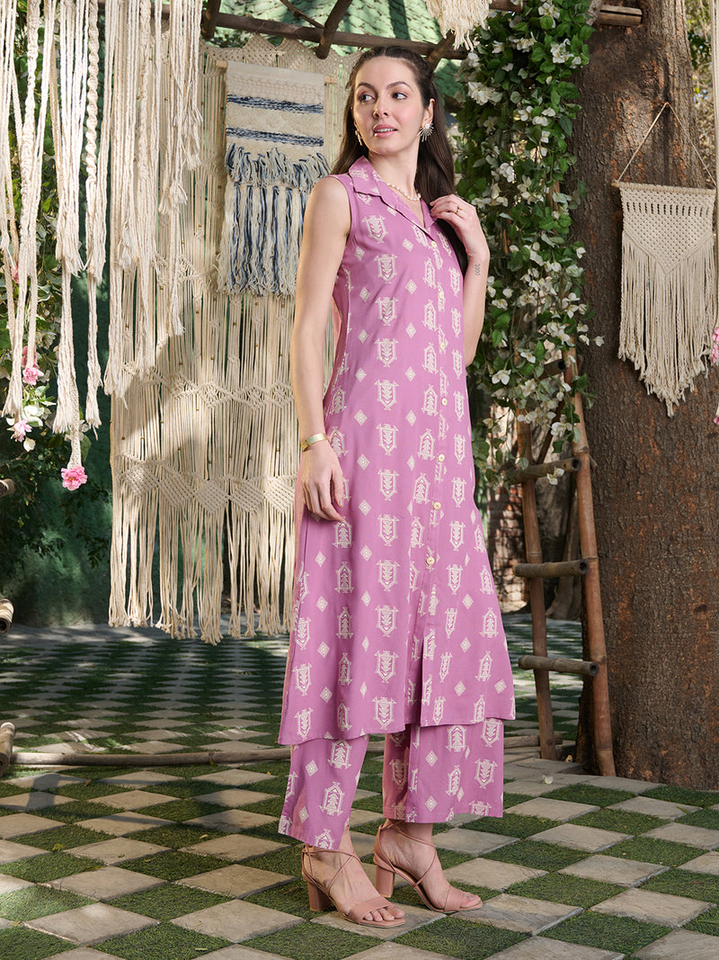 Stylum Women's Mauve Printed Rayon Kurta Pant Set (KPMAUVEHUT)