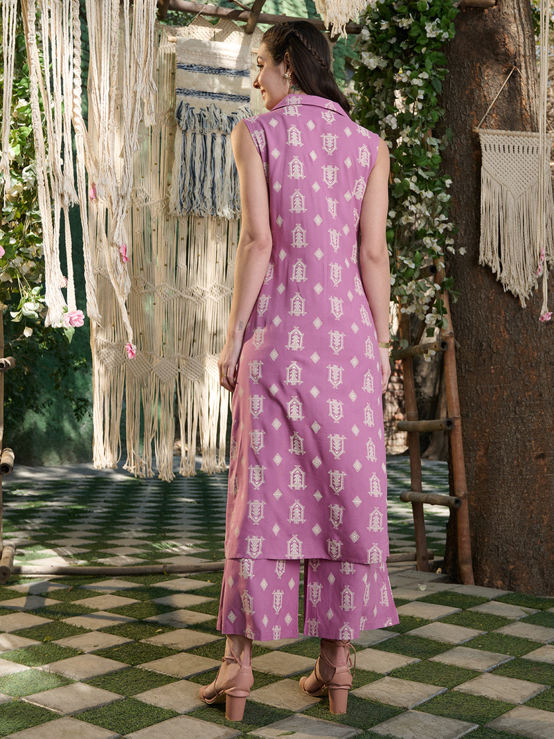 Stylum Women's Mauve Printed Rayon Kurta Pant Set (KPMAUVEHUT)