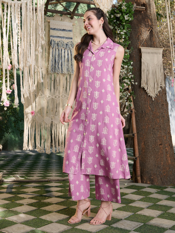Stylum Women's Mauve Printed Rayon Kurta Pant Set (KPMAUVEHUT)