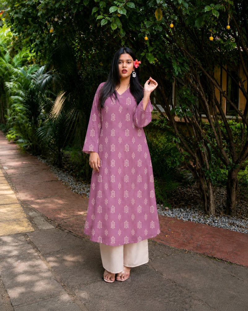 Stylum Women's Mauve Ikat Printed Rayon A-Line Kurta With Palazzo (KPMAUVESHARK)