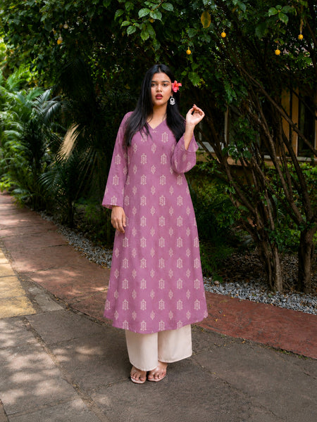 Stylum Women's Mauve Ikat Printed Rayon A-Line Kurta With Palazzo (KPMAUVESHARK)