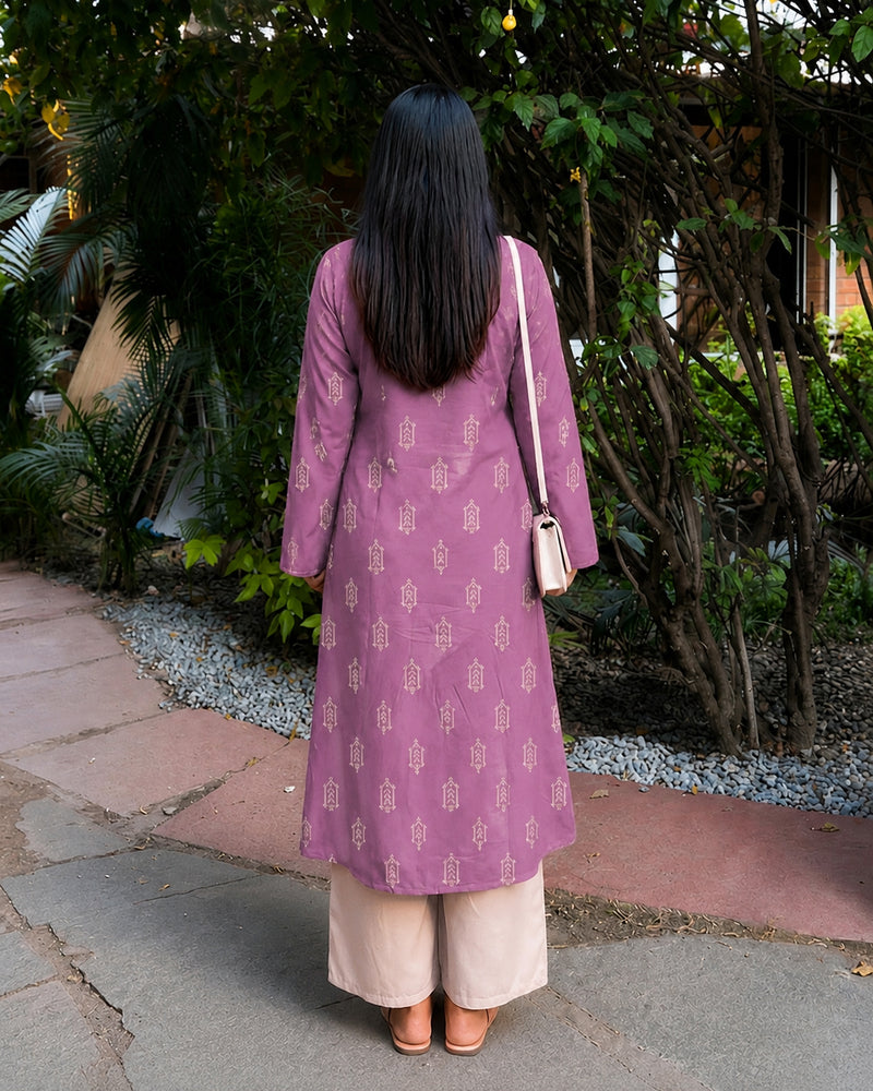 Stylum Women's Mauve Ikat Printed Rayon A-Line Kurta With Palazzo (KPMAUVESHARK)