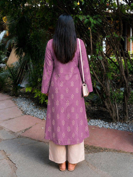Stylum Women's Mauve Ikat Printed Rayon A-Line Kurta With Palazzo (KPMAUVESHARK)