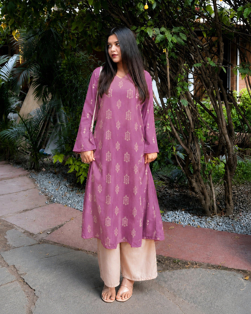 Stylum Women's Mauve Ikat Printed Rayon A-Line Kurta With Palazzo (KPMAUVESHARK)