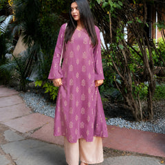 Stylum Women's Mauve Ikat Printed Rayon A-Line Kurta With Palazzo (KPMAUVESHARK)