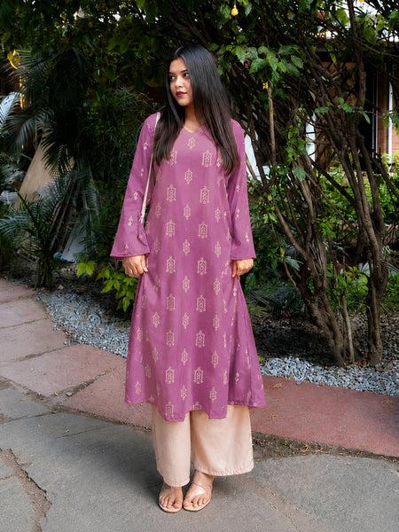 Stylum Women's Mauve Ikat Printed Rayon A-Line Kurta With Palazzo (KPMAUVESHARK)