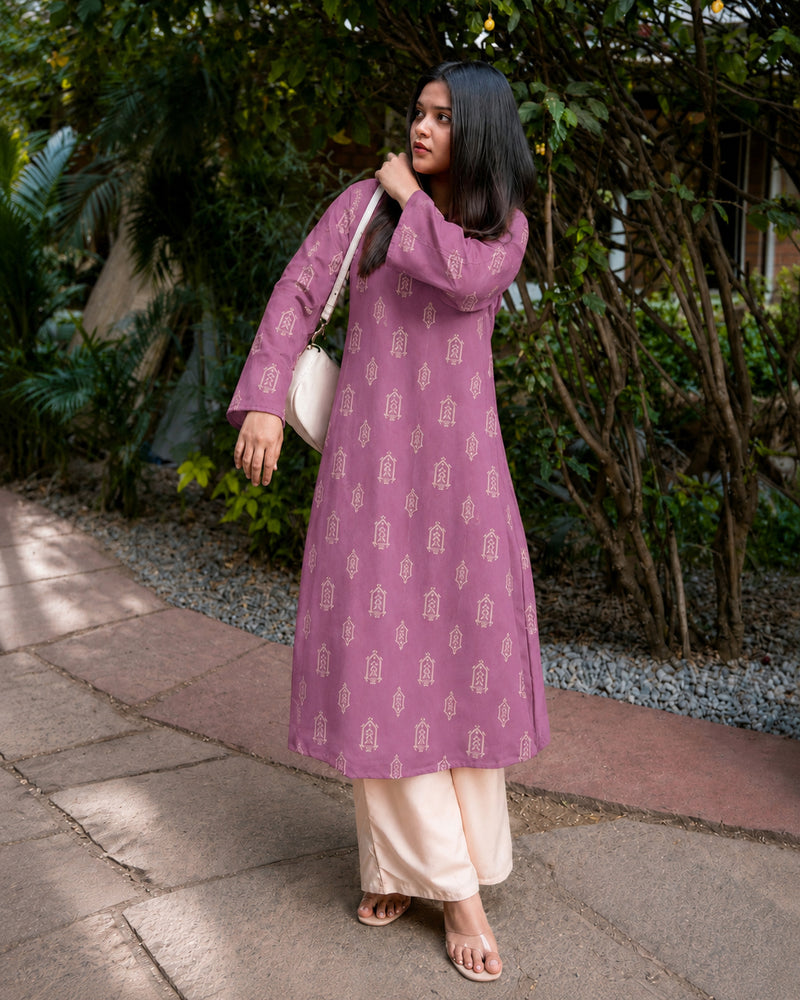 Stylum Women's Mauve Ikat Printed Rayon A-Line Kurta With Palazzo (KPMAUVESHARK)