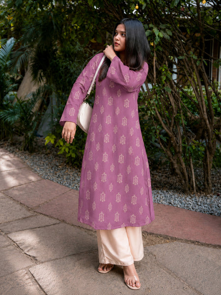 Stylum Women's Mauve Ikat Printed Rayon A-Line Kurta With Palazzo (KPMAUVESHARK)