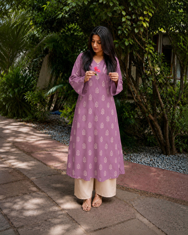 Stylum Women's Mauve Ikat Printed Rayon A-Line Kurta With Palazzo (KPMAUVESHARK)