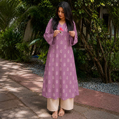 Stylum Women's Mauve Ikat Printed Rayon A-Line Kurta With Palazzo (KPMAUVESHARK)