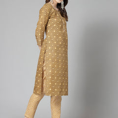 Stylum Women's Printed Cotton Blend Straight Kurta Pant Set (KPMINIOLIVE)