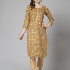Stylum Women's Printed Cotton Blend Straight Kurta Pant Set (KPMINIOLIVE)