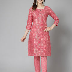 Pink Cotton Blend Straight Kurta Pant Set