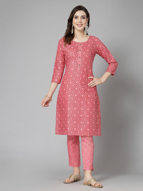 Pink Cotton Blend Straight Kurta Pant Set
