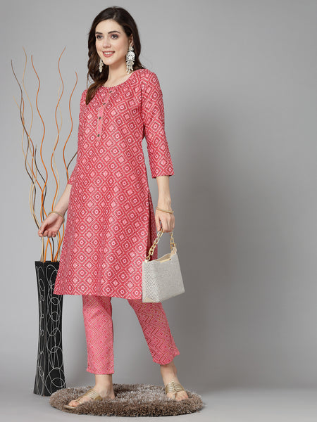 Stylum Women's Printed Cotton Blend Straight Kurta Pant Set (KPMINIPINK)