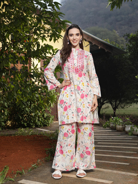 Stylum Women's White Floral Printed & Embroidered Rayon Straight Kurta Palazzo Set (KPMULTIKAYALI)
