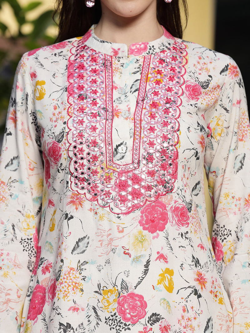 Stylum Women's White Floral Printed & Embroidered Rayon Straight Kurta Palazzo Set (KPMULTIKAYALI)