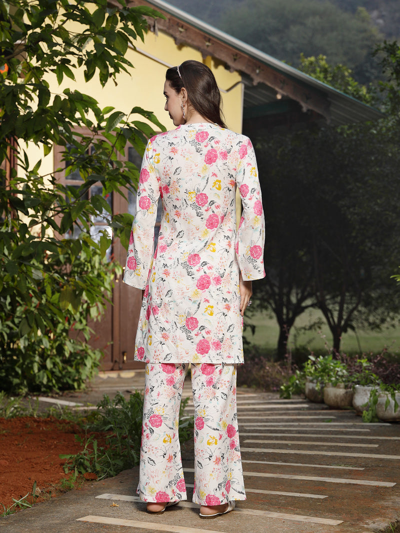 Stylum Women's White Floral Printed & Embroidered Rayon Straight Kurta Palazzo Set (KPMULTIKAYALI)