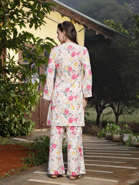 Stylum Women's White Floral Printed & Embroidered Rayon Straight Kurta Palazzo Set (KPMULTIKAYALI)