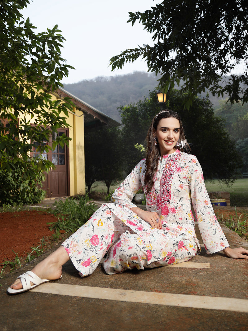 Stylum Women's White Floral Printed & Embroidered Rayon Straight Kurta Palazzo Set (KPMULTIKAYALI)