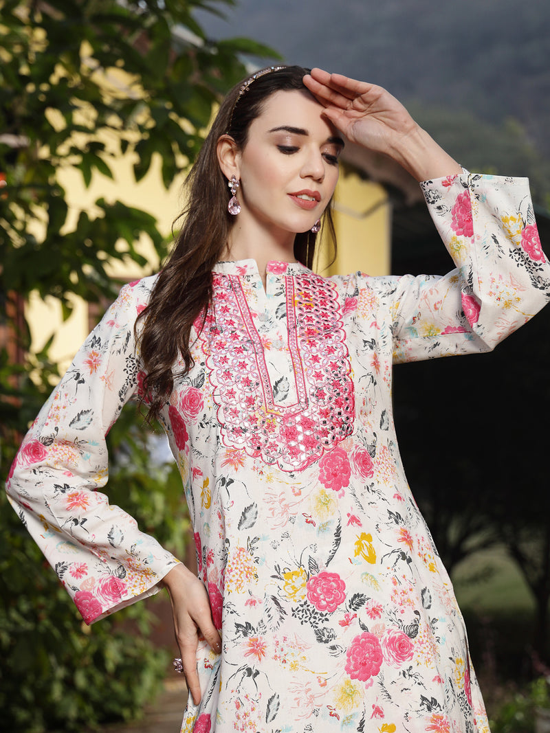 Stylum Women's White Floral Printed & Embroidered Rayon Straight Kurta Palazzo Set (KPMULTIKAYALI)