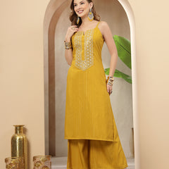 Stylum Women's Mustard Woven Design & Embroidered Cotton Blend Straight Kurta Palazzo Set (KPMUSTARDMANU)