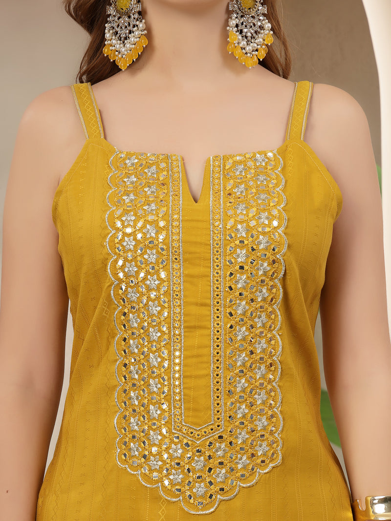 Stylum Women's Mustard Woven Design & Embroidered Cotton Blend Straight Kurta Palazzo Set (KPMUSTARDMANU)