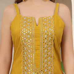 Stylum Women's Mustard Woven Design & Embroidered Cotton Blend Straight Kurta Palazzo Set (KPMUSTARDMANU)