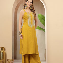 Stylum Women's Mustard Woven Design & Embroidered Cotton Blend Straight Kurta Palazzo Set (KPMUSTARDMANU)