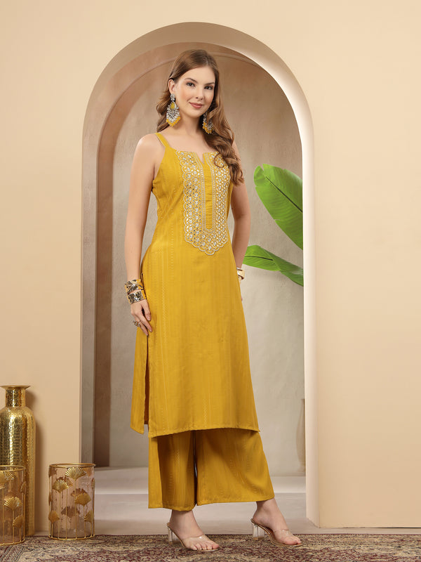 Stylum Women's Mustard Woven Design & Embroidered Cotton Blend Straight Kurta Palazzo Set (KPMUSTARDMANU)