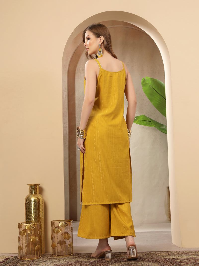 Stylum Women's Mustard Woven Design & Embroidered Cotton Blend Straight Kurta Palazzo Set (KPMUSTARDMANU)