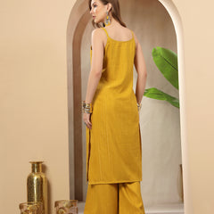 Stylum Women's Mustard Woven Design & Embroidered Cotton Blend Straight Kurta Palazzo Set (KPMUSTARDMANU)