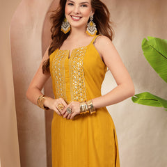 Stylum Women's Mustard Woven Design & Embroidered Cotton Blend Straight Kurta Palazzo Set (KPMUSTARDMANU)