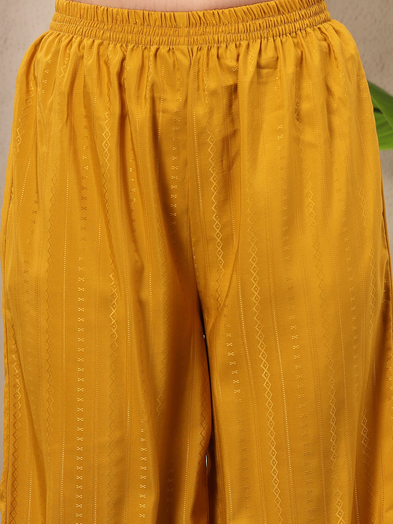 Stylum Women's Mustard Woven Design & Embroidered Cotton Blend Straight Kurta Palazzo Set (KPMUSTARDMANU)