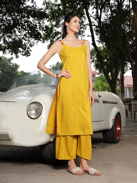 Stylum Women's Mustard Woven Design Rayon Straight Kurta Palazzo Set (KPMUSTARDMARS)