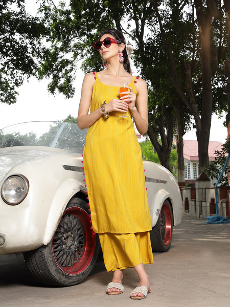 Stylum Women's Mustard Woven Design Rayon Straight Kurta Palazzo Set (KPMUSTARDMARS)