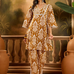 Stylum Women's Mustard Ikat Printed Cotton A-Line Kurta Pant Set (KPMUSTARDPOLLY)