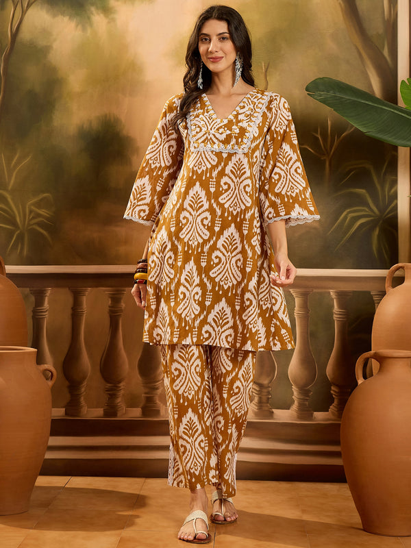 Stylum Women's Mustard Ikat Printed Cotton A-Line Kurta Pant Set (KPMUSTARDPOLLY)