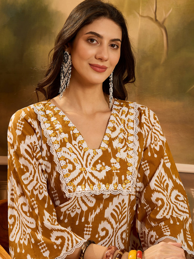 Stylum Women's Mustard Ikat Printed Cotton A-Line Kurta Pant Set (KPMUSTARDPOLLY)