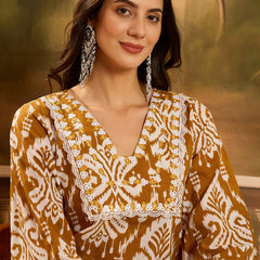 Stylum Women's Mustard Ikat Printed Cotton A-Line Kurta Pant Set (KPMUSTARDPOLLY)