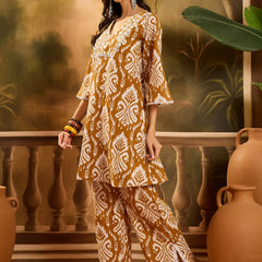 Stylum Women's Mustard Ikat Printed Cotton A-Line Kurta Pant Set (KPMUSTARDPOLLY)