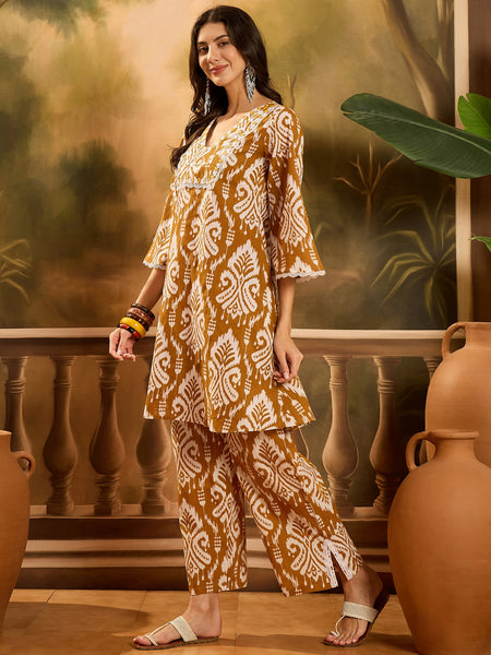 Stylum Women's Mustard Ikat Printed Cotton A-Line Kurta Pant Set (KPMUSTARDPOLLY)