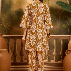 Stylum Women's Mustard Ikat Printed Cotton A-Line Kurta Pant Set (KPMUSTARDPOLLY)