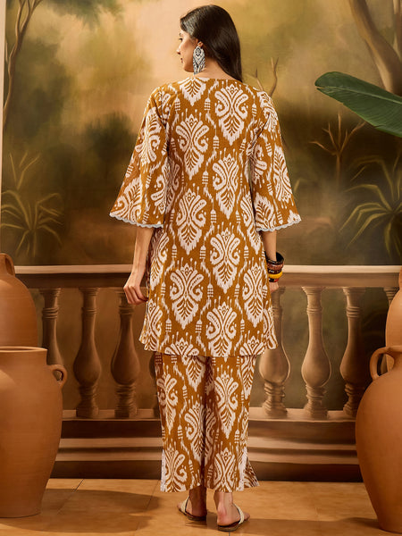 Stylum Women's Mustard Ikat Printed Cotton A-Line Kurta Pant Set (KPMUSTARDPOLLY)