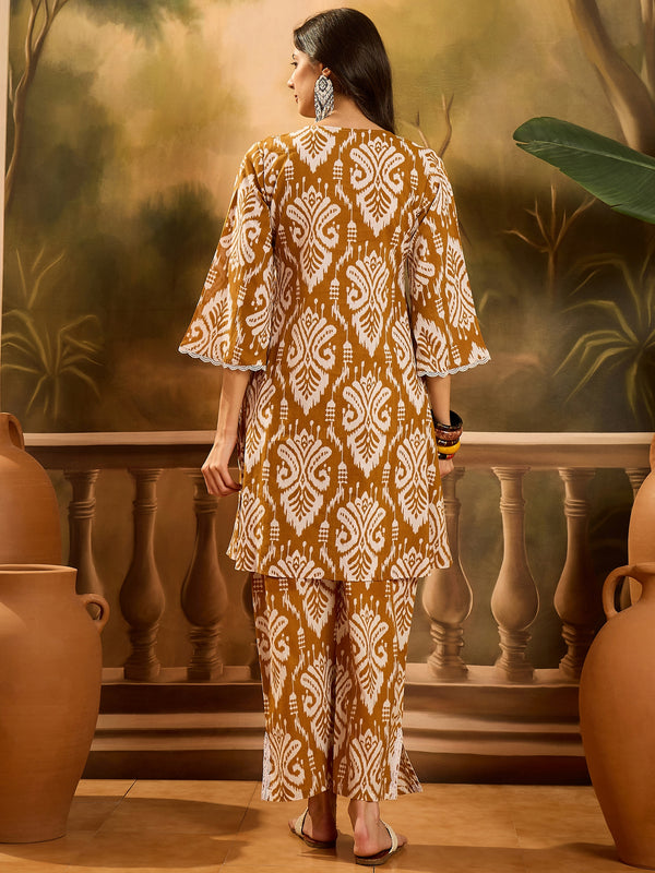 Stylum Women's Mustard Ikat Printed Cotton A-Line Kurta Pant Set (KPMUSTARDPOLLY)